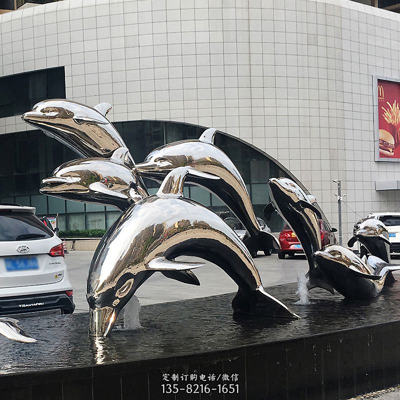 城市商場不銹鋼鏡面海豚水景景觀雕塑擺件 城市商場不銹鋼鏡面海豚水景景觀雕塑擺件