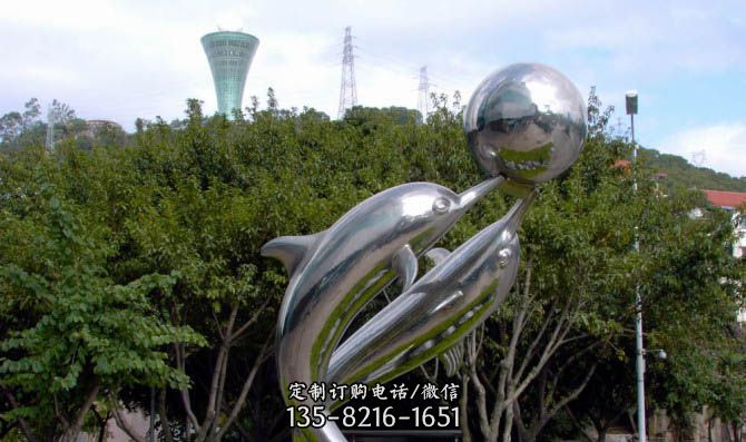 公園不銹鋼海豚頂球雕塑 公園不銹鋼海豚頂球雕塑